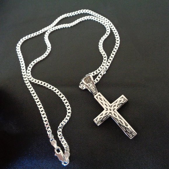 925 Sterling Silver Cross Pendant Necklace, Diamond Simulant Pave Cross Pendant - Picture 6 of 8